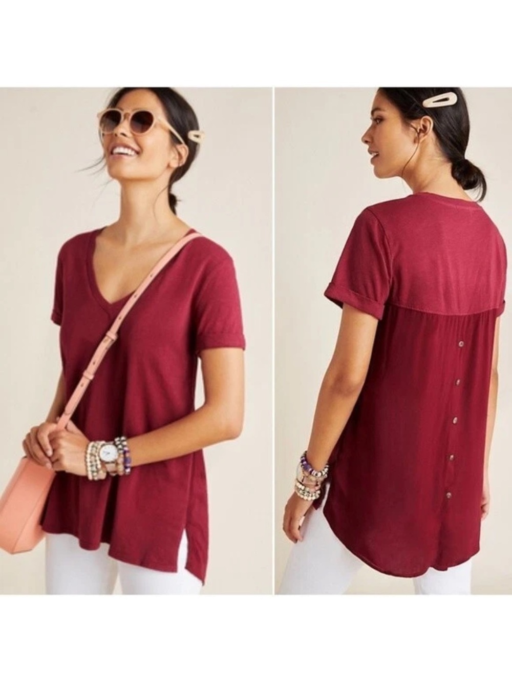 T.La V-Neck Short Sleeve Button-Back Top - Wine Red med XS NWT